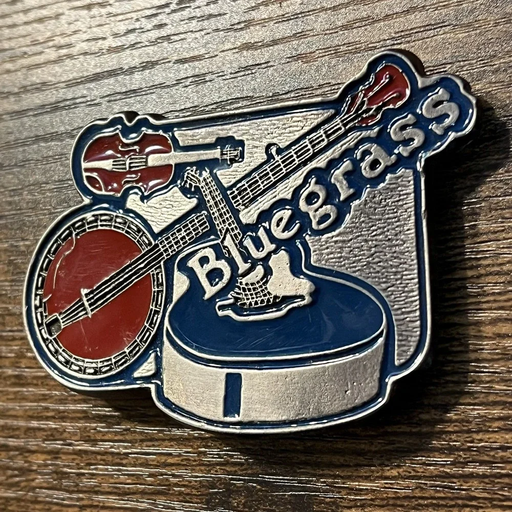 Vintage Bluegrass Belt Buckle Music Instruments Guitar Fiddle Banjo Enamel 2113